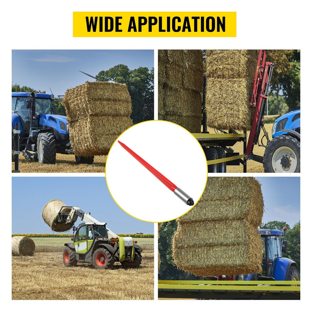 Hay Spear 32" Bale Spear 1350 lbs Capacity, Bale Spike Quick Attach Square Hay Bale Spears 1.4" Wide, Red Coated Bale Forks, Bale Hay Spike with Hex Nut & Sleeve for Buckets Tractors Loaders