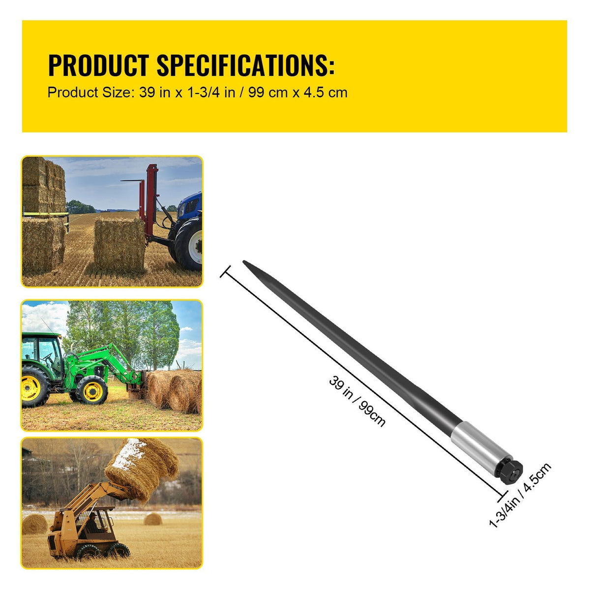 Hay Spear 39\" Bale Spear 3600 lbs Capacity, Bale Spike Quick Attach Square Hay Bale Spears 1 3/4\", Black Coated Bale Forks, Bale Hay Spike with Hex Nut and Sleeve for Buckets Tractors Loaders