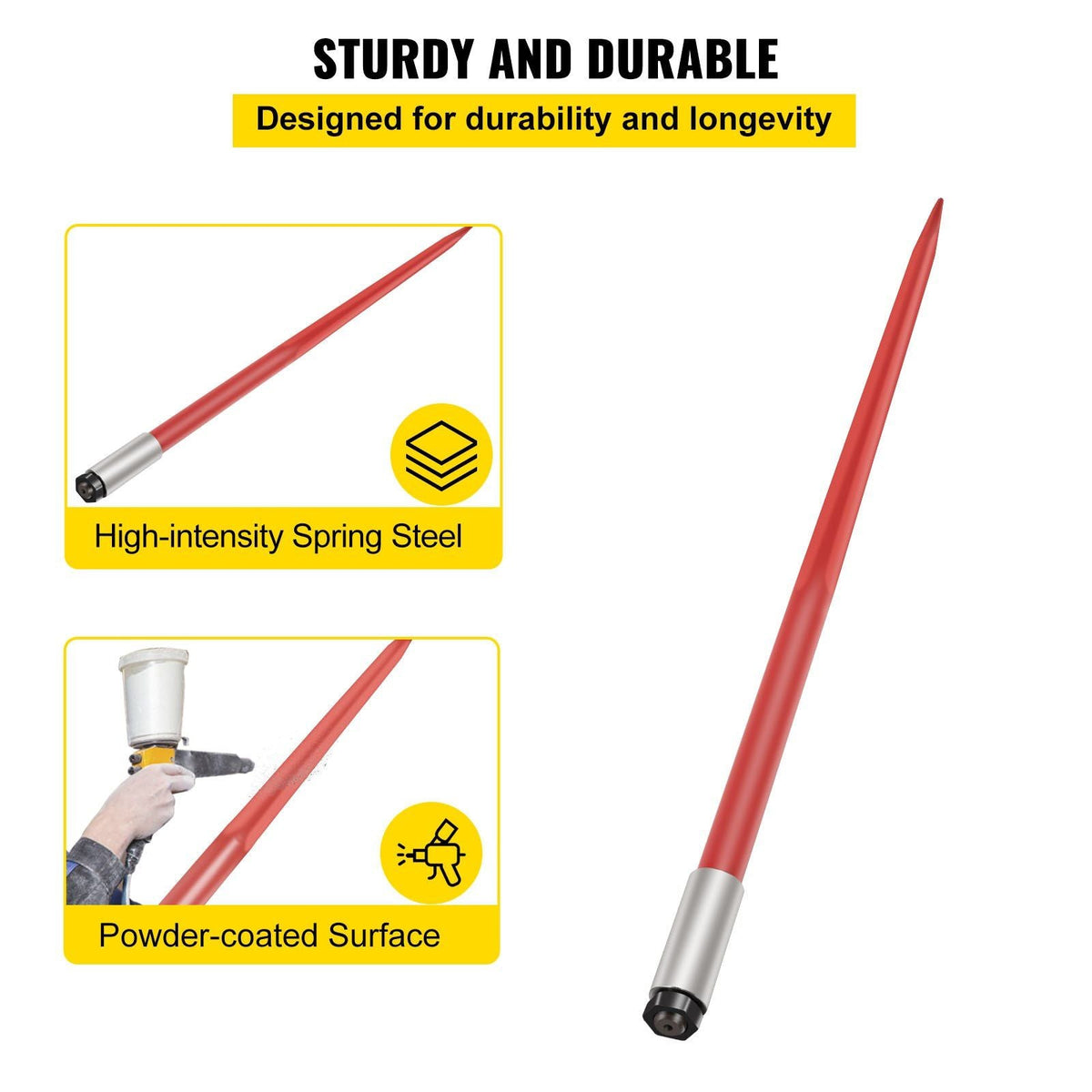 Hay Spear 49" Bale Spear 4500 lbs Capacity, Bale Spike Quick Attach Square Hay Bale Spears 1 3/4" wide, Red Coated Bale Forks, Bale Hay Spike with Hex Nut & Sleeve for Buckets Tractors Loaders