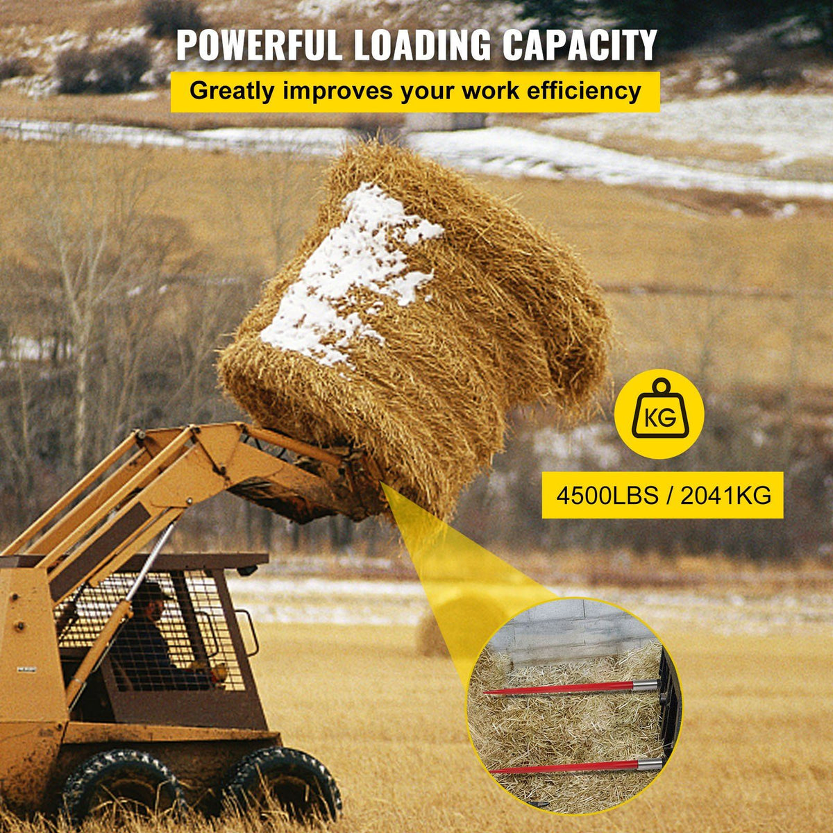 Hay Spear 49" Bale Spear 4500 lbs Capacity, Bale Spike Quick Attach Square Hay Bale Spears 1 3/4" wide, Red Coated Bale Forks, Bale Hay Spike with Hex Nut & Sleeve for Buckets Tractors Loaders