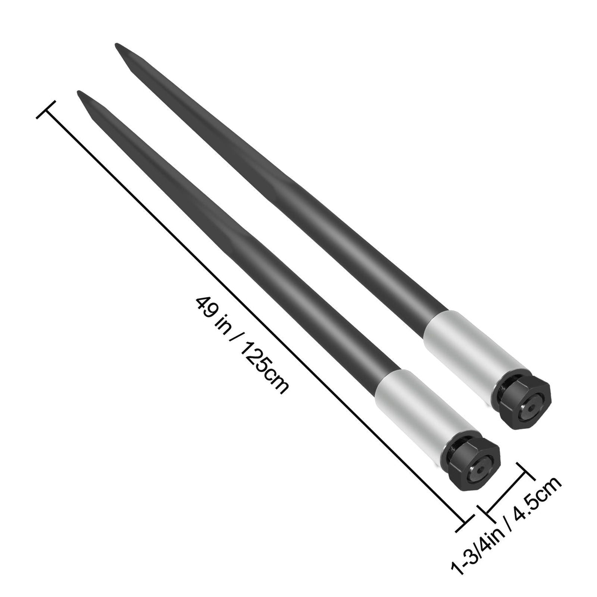 Hay Spear Spears 49\" Hay Bale Spear Spike, 4000 lbs Capacity Quick Attach Square Hay Bale Spears, 2 Pics Black Bale Forks, Bale Hay Spike with Hex Nut & Sleeve for Buckets Tractors Loaders