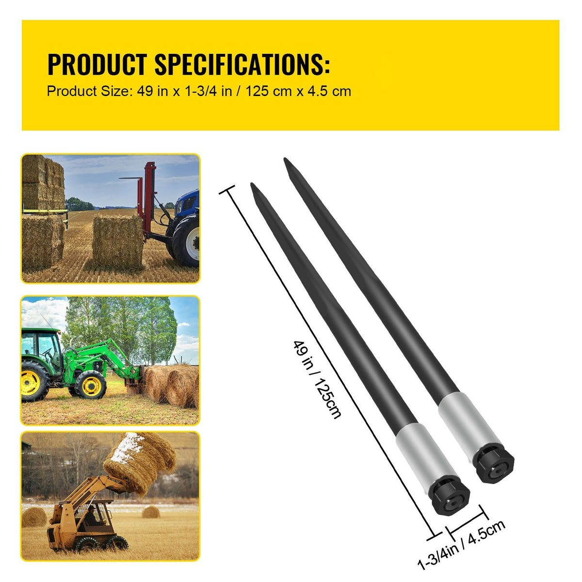 Hay Spear Spears 49\" Hay Bale Spear Spike, 4000 lbs Capacity Quick Attach Square Hay Bale Spears, 2 Pics Black Bale Forks, Bale Hay Spike with Hex Nut & Sleeve for Buckets Tractors Loaders