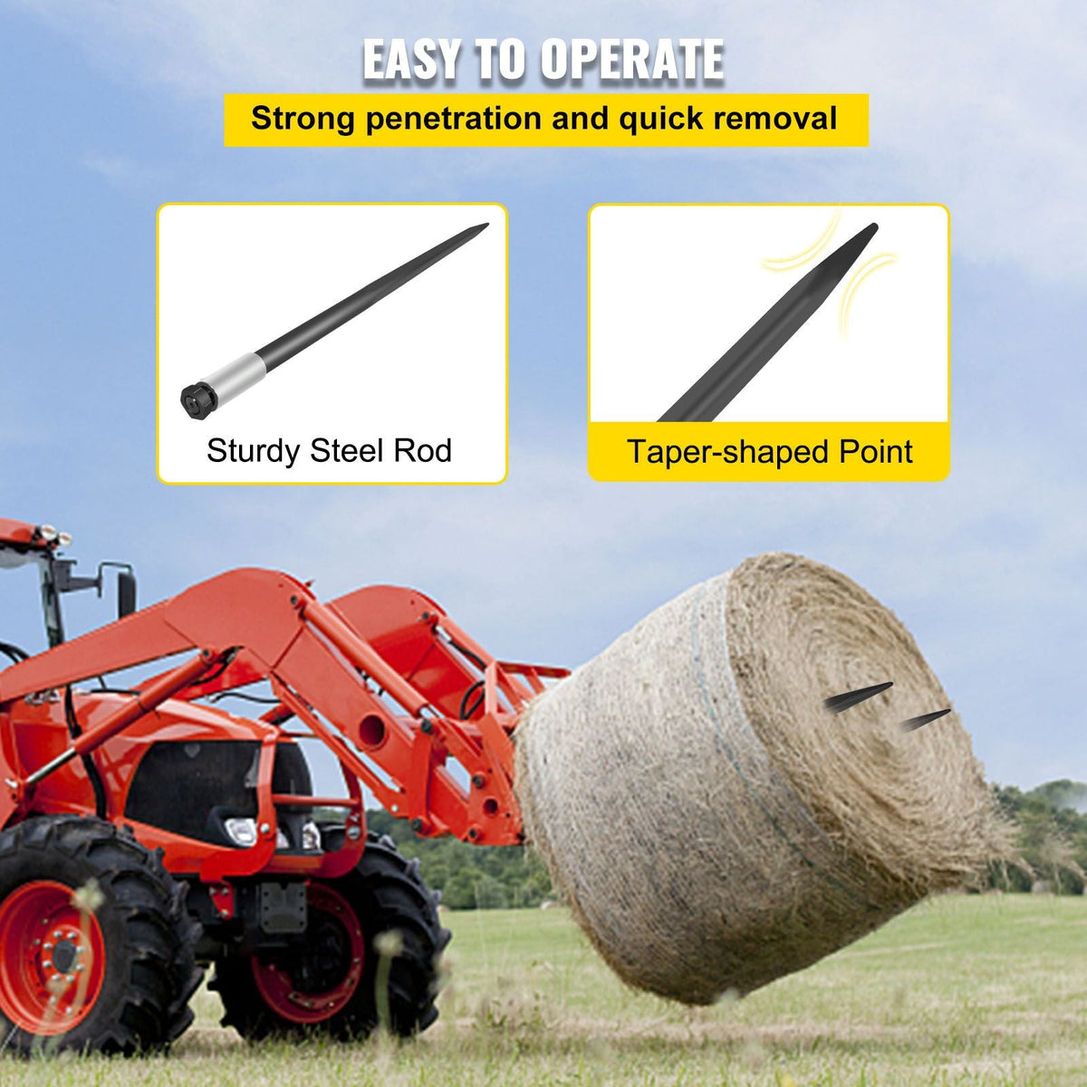 Hay Spear Spears 49\" Hay Bale Spear Spike, 4000 lbs Capacity Quick Attach Square Hay Bale Spears, 2 Pics Black Bale Forks, Bale Hay Spike with Hex Nut & Sleeve for Buckets Tractors Loaders