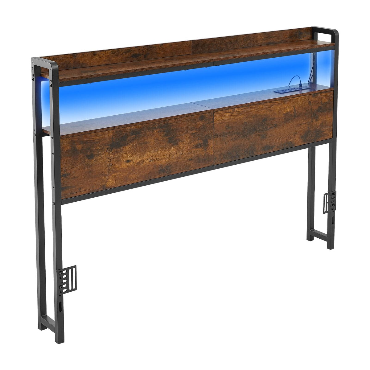 Headboard for Full Size Bed, with 2 Storage Shelves, LED Light, 3 Outlets, and 3 USB Ports, Sturdy and Stable Carbon Steel Frame Head Board with Charging Station, Adjustable Height, Black
