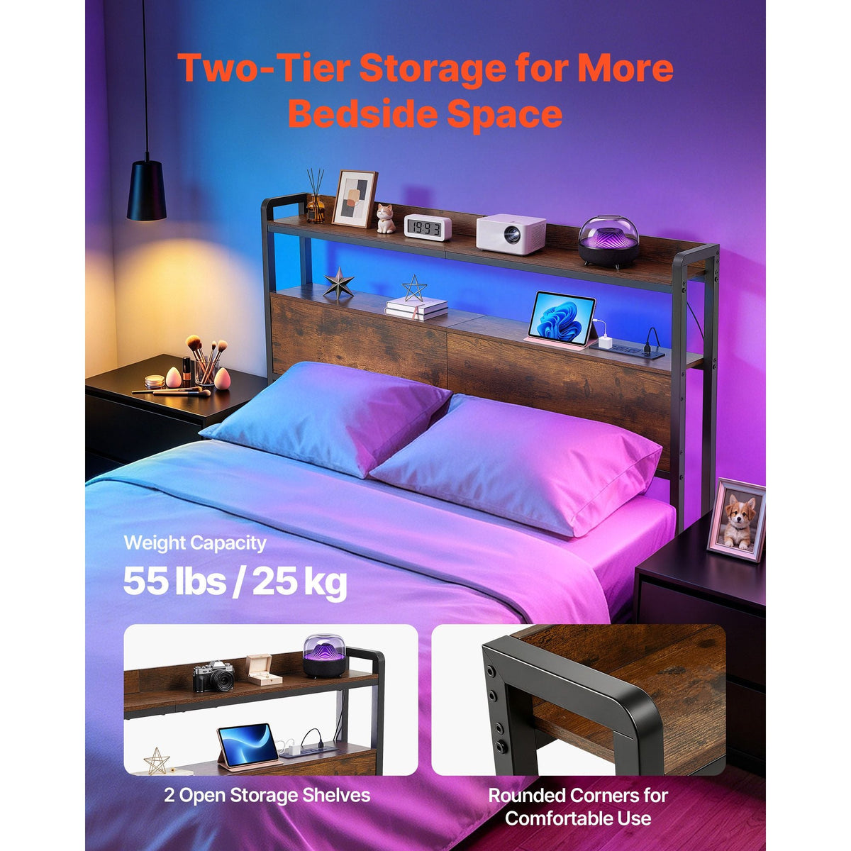 Headboard for Full Size Bed, with 2 Storage Shelves, LED Light, 3 Outlets, and 3 USB Ports, Sturdy and Stable Carbon Steel Frame Head Board with Charging Station, Adjustable Height, Black