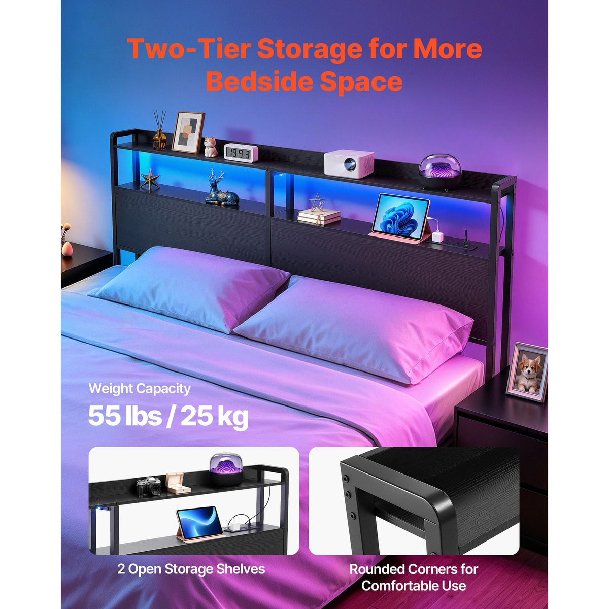 Headboard for King Size Bed, with 2 Storage Shelves, LED Light, 3 Outlets, and 3 USB Ports, Sturdy and Stable Carbon Steel Frame Head Board with Charging Station, Adjustable Height, Black