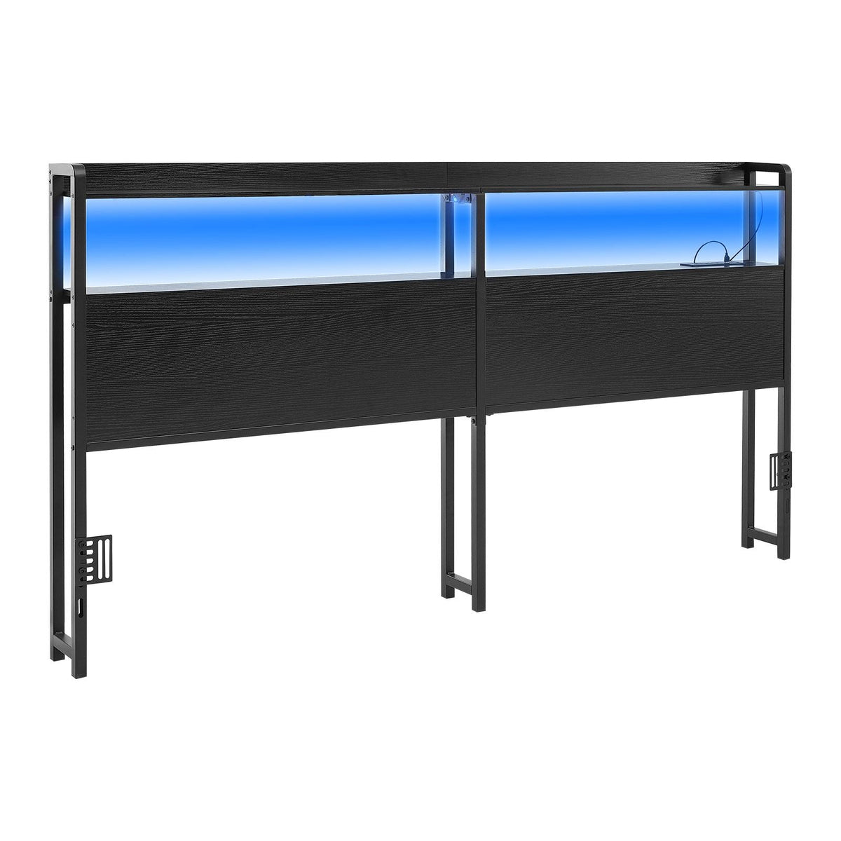 Headboard for King Size Bed, with 2 Storage Shelves, LED Light, 3 Outlets, and 3 USB Ports, Sturdy and Stable Carbon Steel Frame Head Board with Charging Station, Adjustable Height, Black