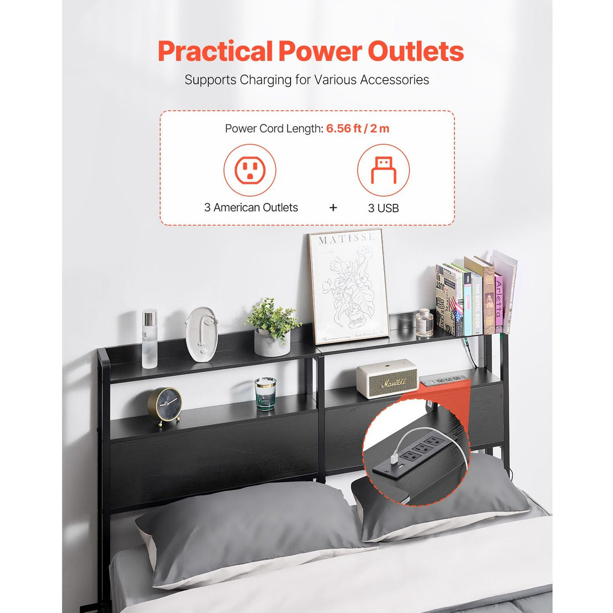 Headboard for Queen Size Bed, Adjustable Height Headboard with 2 Shelves Storage, Freestanding Head Board with Charging Station and LED Light for Different Bed Frames, Easy Assembly, Black