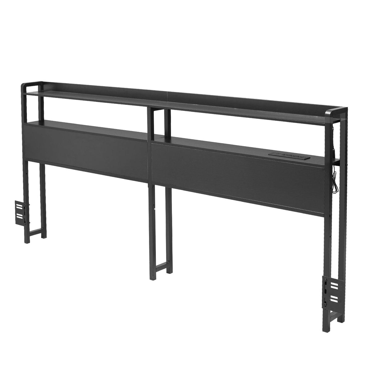 Headboard for Queen Size Bed, Adjustable Height Headboard with 2 Shelves Storage, Freestanding Head Board with Charging Station and LED Light for Different Bed Frames, Easy Assembly, Black
