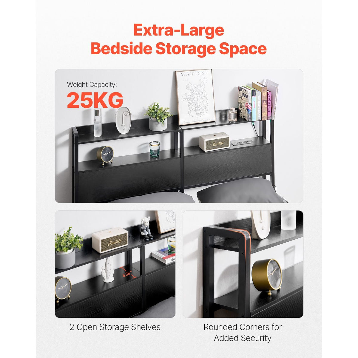 Headboard for Queen Size Bed, Adjustable Height Headboard with 2 Shelves Storage, Freestanding Head Board with Charging Station and LED Light for Different Bed Frames, Easy Assembly, Black