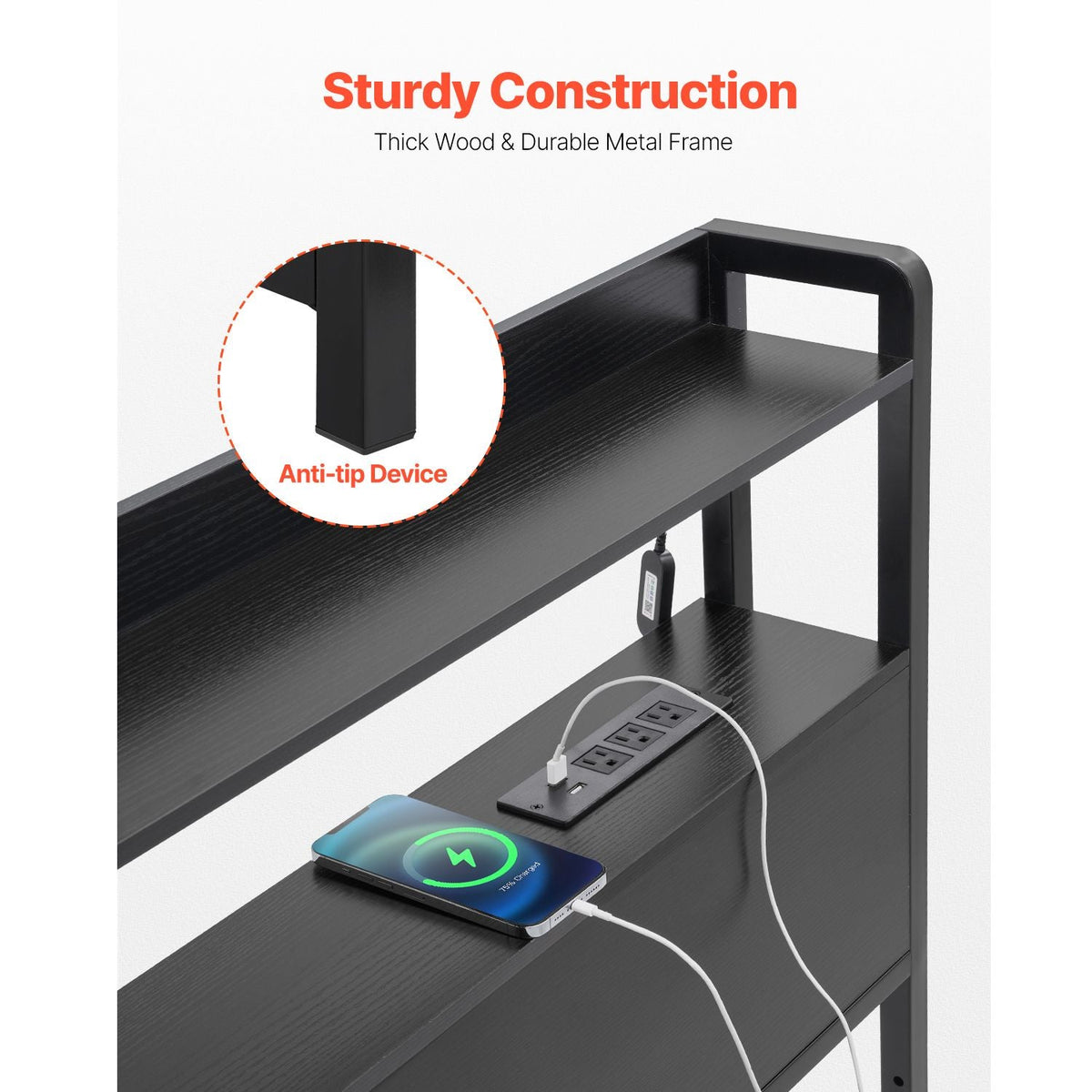 Headboard for Queen Size Bed, Adjustable Height Headboard with 2 Shelves Storage, Freestanding Head Board with Charging Station and LED Light for Different Bed Frames, Easy Assembly, Black