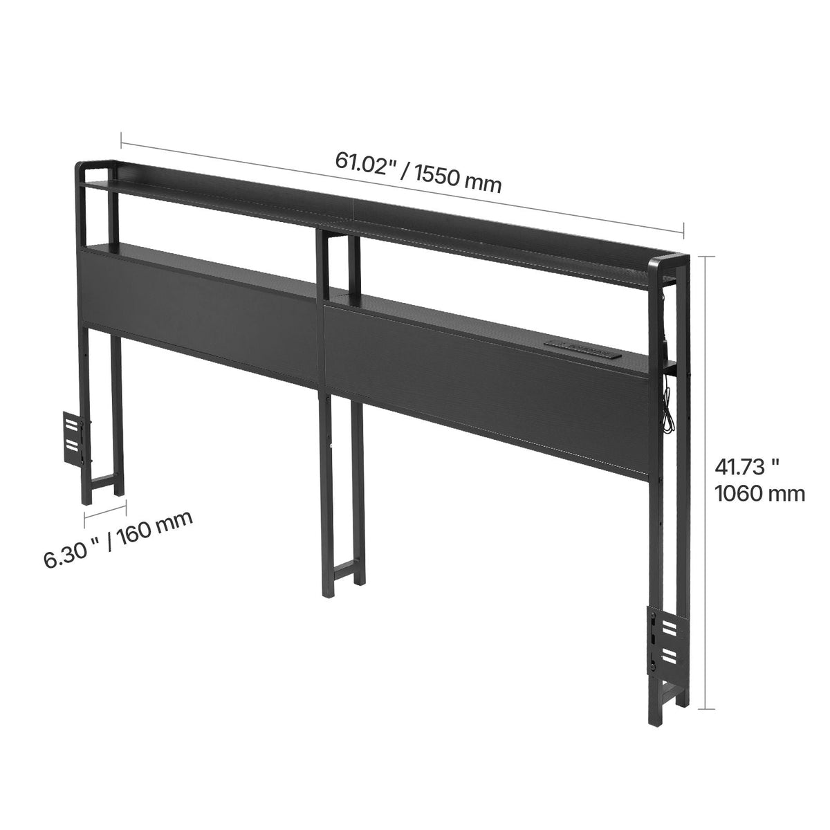 Headboard for Queen Size Bed, Adjustable Height Headboard with 2 Shelves Storage, Freestanding Head Board with Charging Station and LED Light for Different Bed Frames, Easy Assembly, Black
