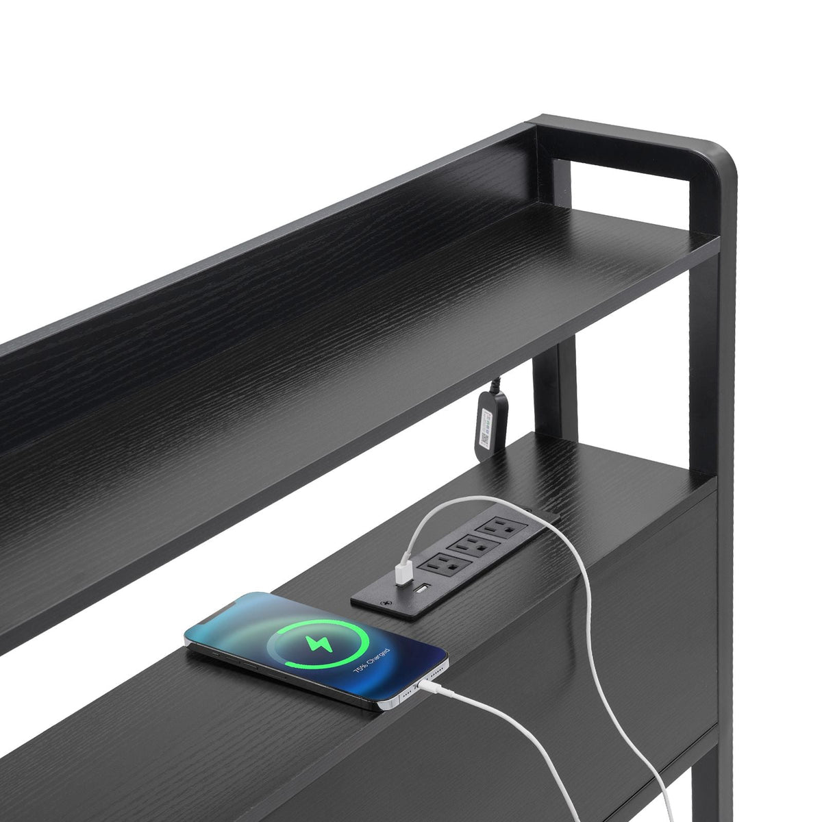 Headboard for Queen Size Bed, Adjustable Height Headboard with 2 Shelves Storage, Freestanding Head Board with Charging Station and LED Light for Different Bed Frames, Easy Assembly, Black