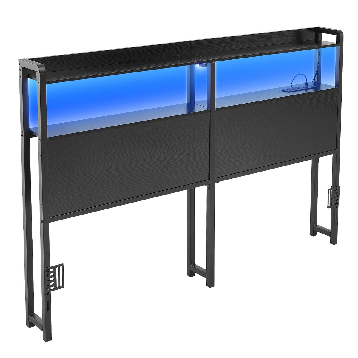 Headboard for Queen Size Bed, with 2 Storage Shelves, LED Light, 3 Outlets, and 3 USB Ports, Sturdy and Stable Carbon Steel Frame Head Board with Charging Station, Adjustable Height, Black