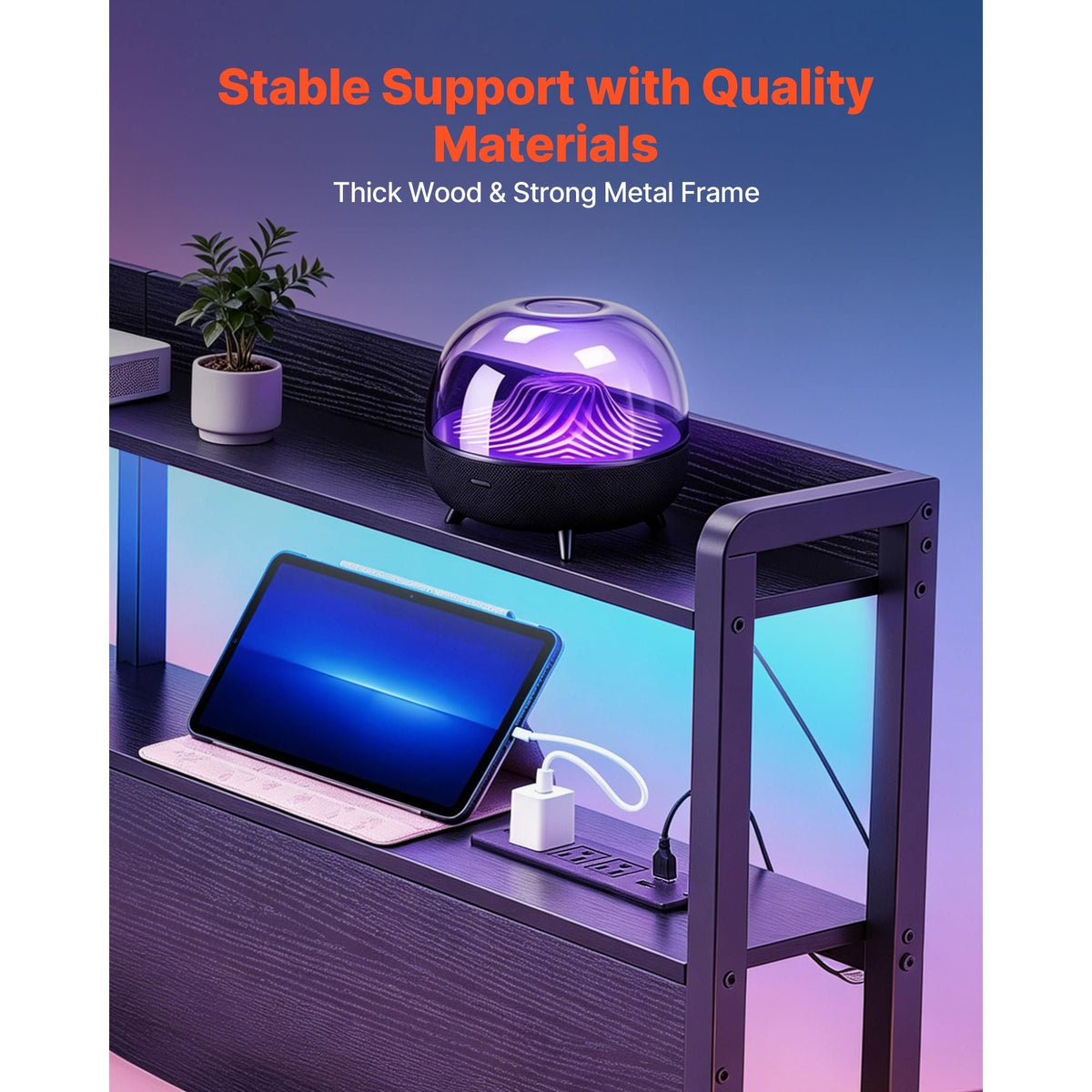 Headboard for Queen Size Bed, with 2 Storage Shelves, LED Light, 3 Outlets, and 3 USB Ports, Sturdy and Stable Carbon Steel Frame Head Board with Charging Station, Adjustable Height, Black