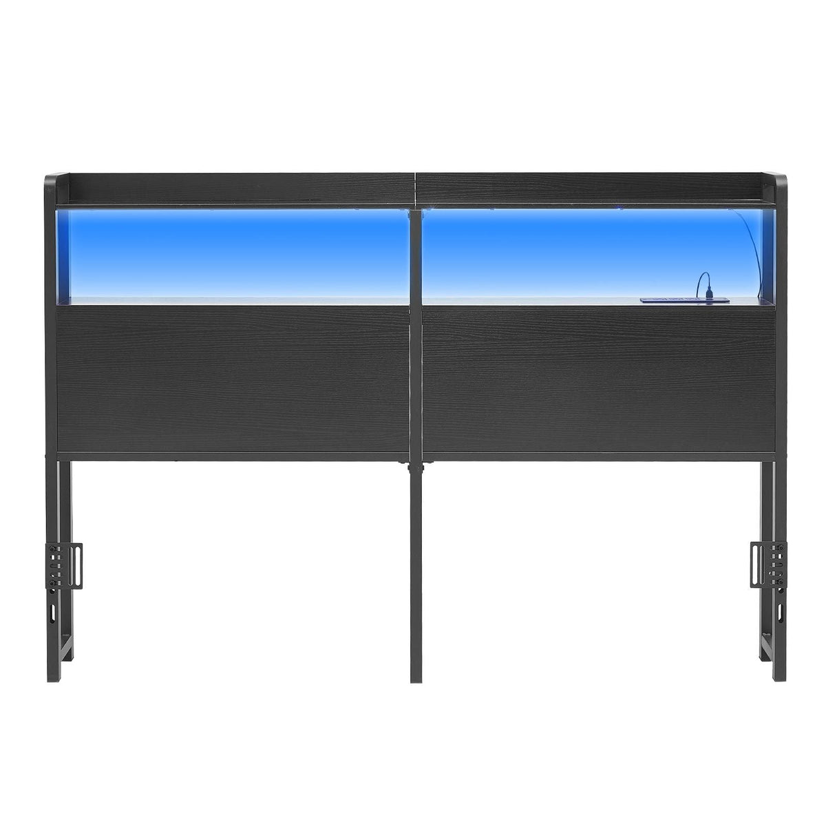 Headboard for Queen Size Bed, with 2 Storage Shelves, LED Light, 3 Outlets, and 3 USB Ports, Sturdy and Stable Carbon Steel Frame Head Board with Charging Station, Adjustable Height, Black