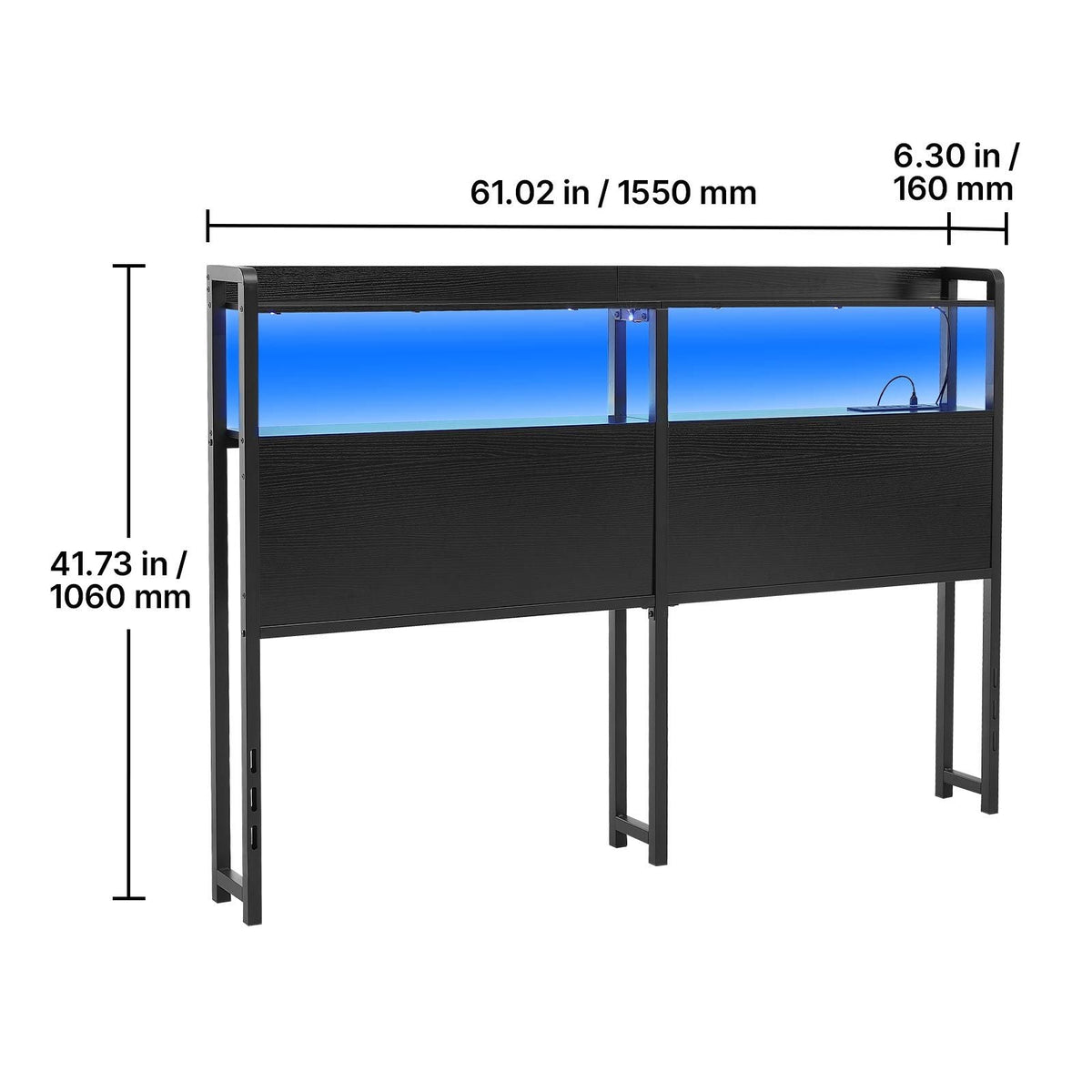 Headboard for Queen Size Bed, with 2 Storage Shelves, LED Light, 3 Outlets, and 3 USB Ports, Sturdy and Stable Carbon Steel Frame Head Board with Charging Station, Adjustable Height, Black