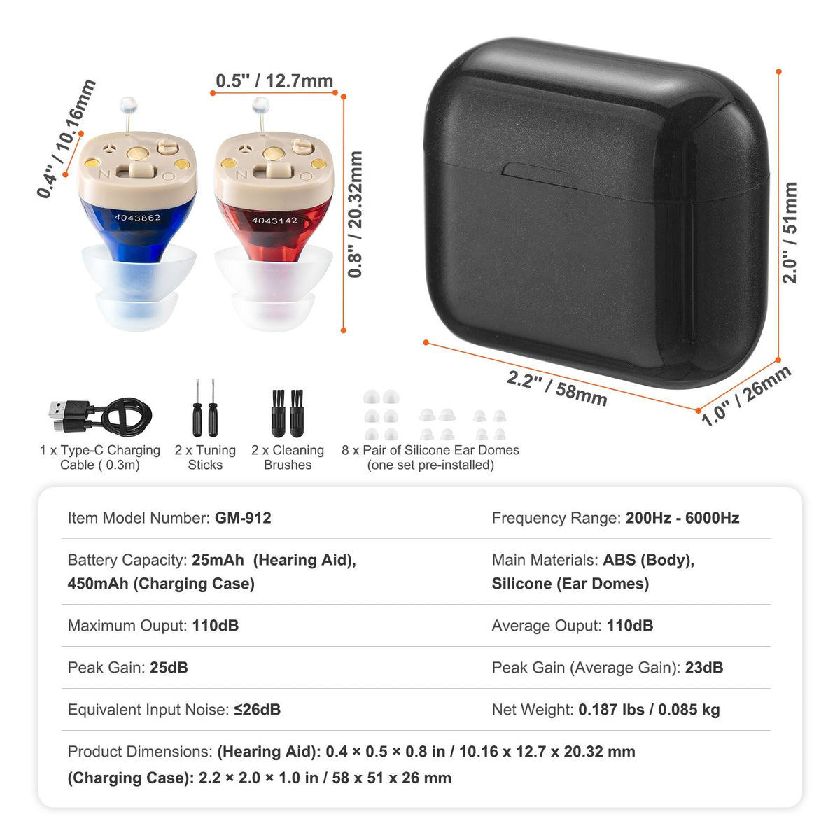 Hearing Aids for Seniors, Rechargeable Hearing Amplifiers With Noise Cancelling and Volume Control, Digital In-Ear Hearing Assist Device with Charging Case and 8 Pair of Ear Domes