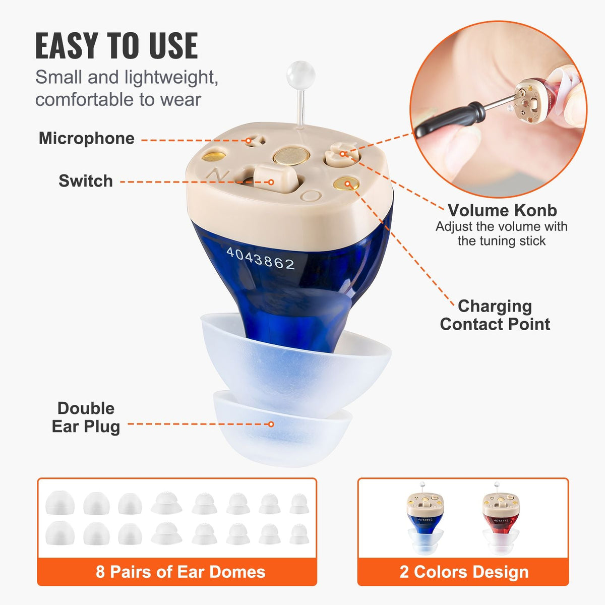 Hearing Aids for Seniors, Rechargeable Hearing Amplifiers With Noise Cancelling and Volume Control, Digital In-Ear Hearing Assist Device with Charging Case and 8 Pair of Ear Domes