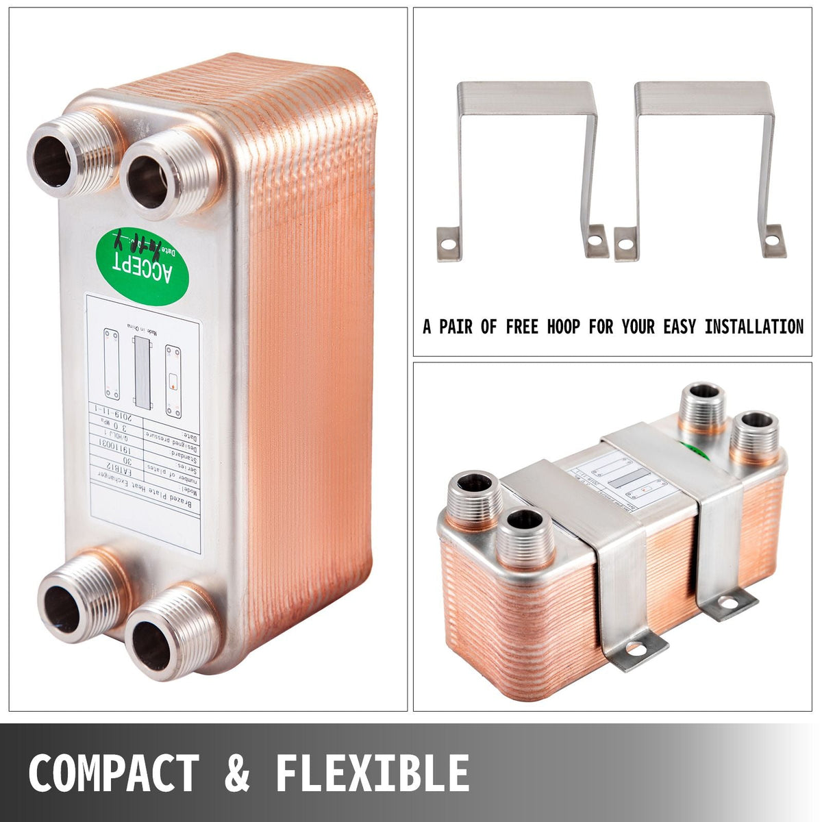 Heat Exchanger 3\"x7.5\" 30 Plates Brazed Plate Heat Exchanger 316L 3/4\" MPT Heat Exchanger B12-30 Beer Wort Chiller for Hydronic Heating
