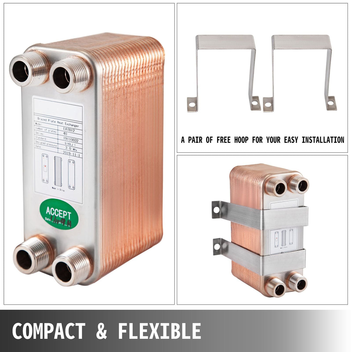 Heat Exchanger 3\"x7.5\" 40 Plates Brazed Plate Heat Exchanger 316L 3/4\" MPT Heat Exchanger B3-12A Beer Wort Chiller for Hydronic Heating
