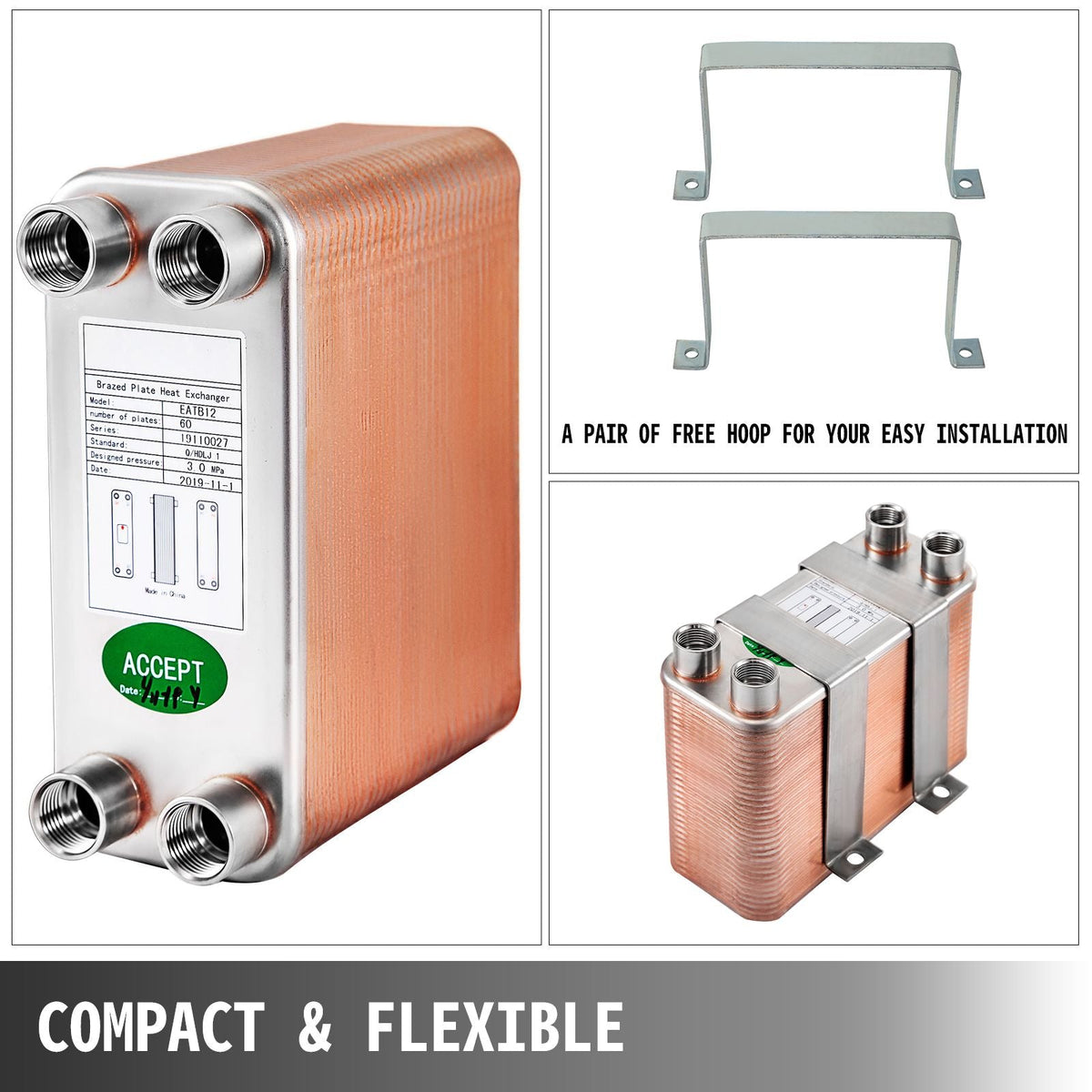 Heat Exchanger 3\"x7.5\" 60 Plates Brazed Plate Heat Exchanger 316L 1/2\" BSP FPT Heat Exchanger EATB12 Beer Wort Chiller for Hydronic Heating