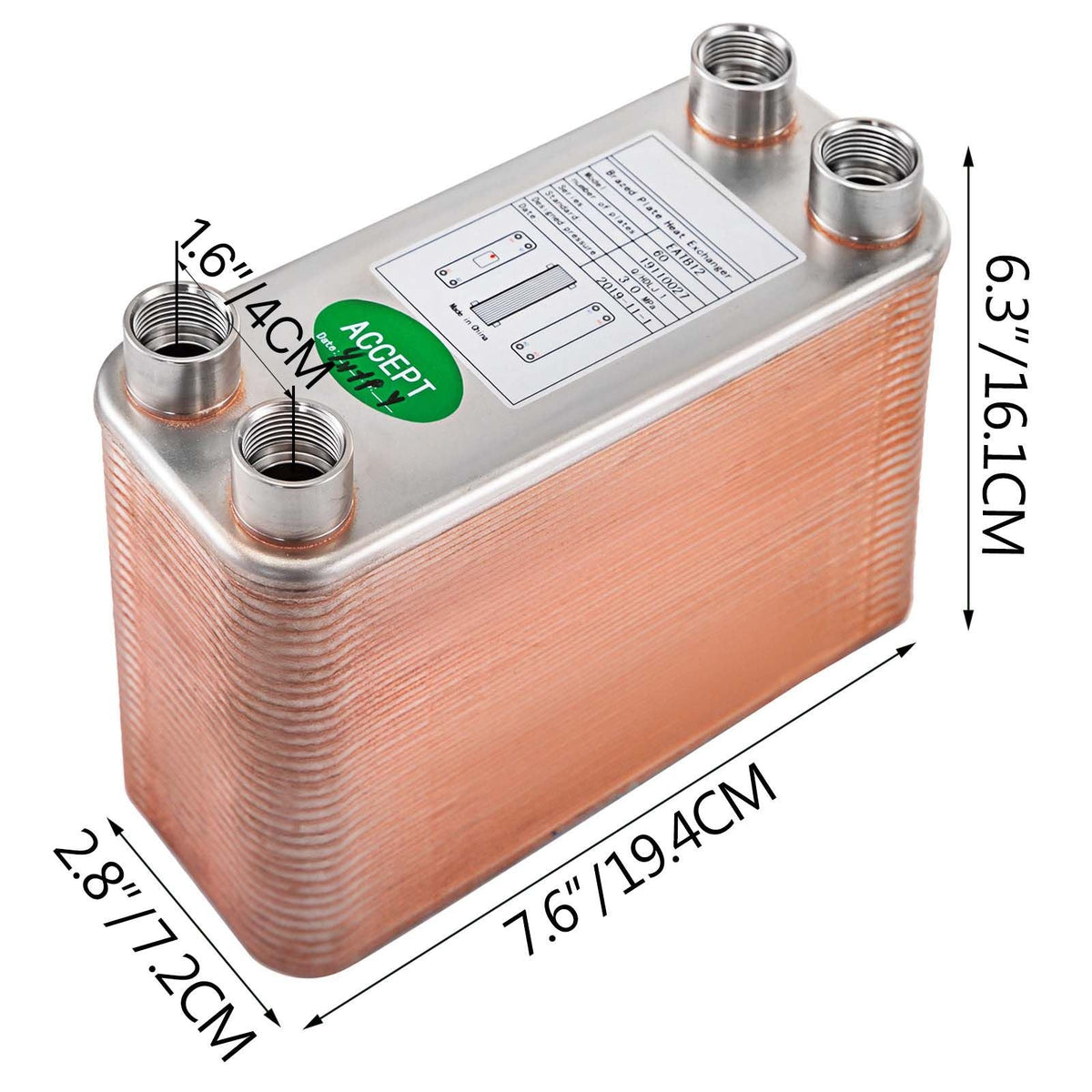 Heat Exchanger 3\"x7.5\" 60 Plates Brazed Plate Heat Exchanger 316L 1/2\" BSP FPT Heat Exchanger EATB12 Beer Wort Chiller for Hydronic Heating