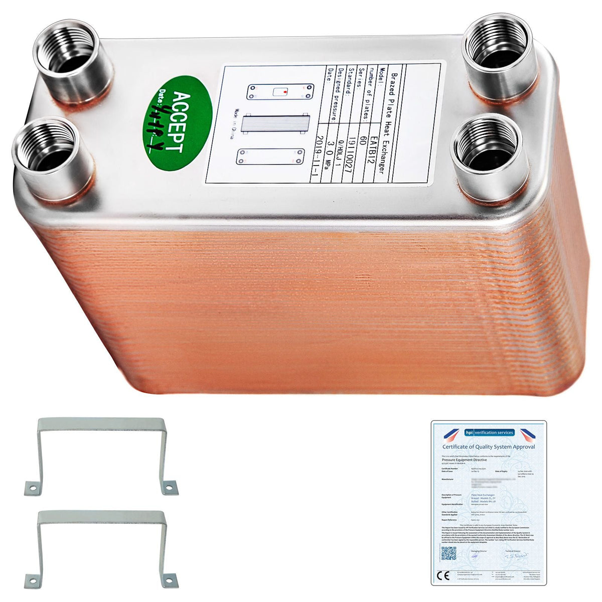 Heat Exchanger 3\"x7.5\" 60 Plates Brazed Plate Heat Exchanger 316L 1/2\" BSP FPT Heat Exchanger EATB12 Beer Wort Chiller for Hydronic Heating