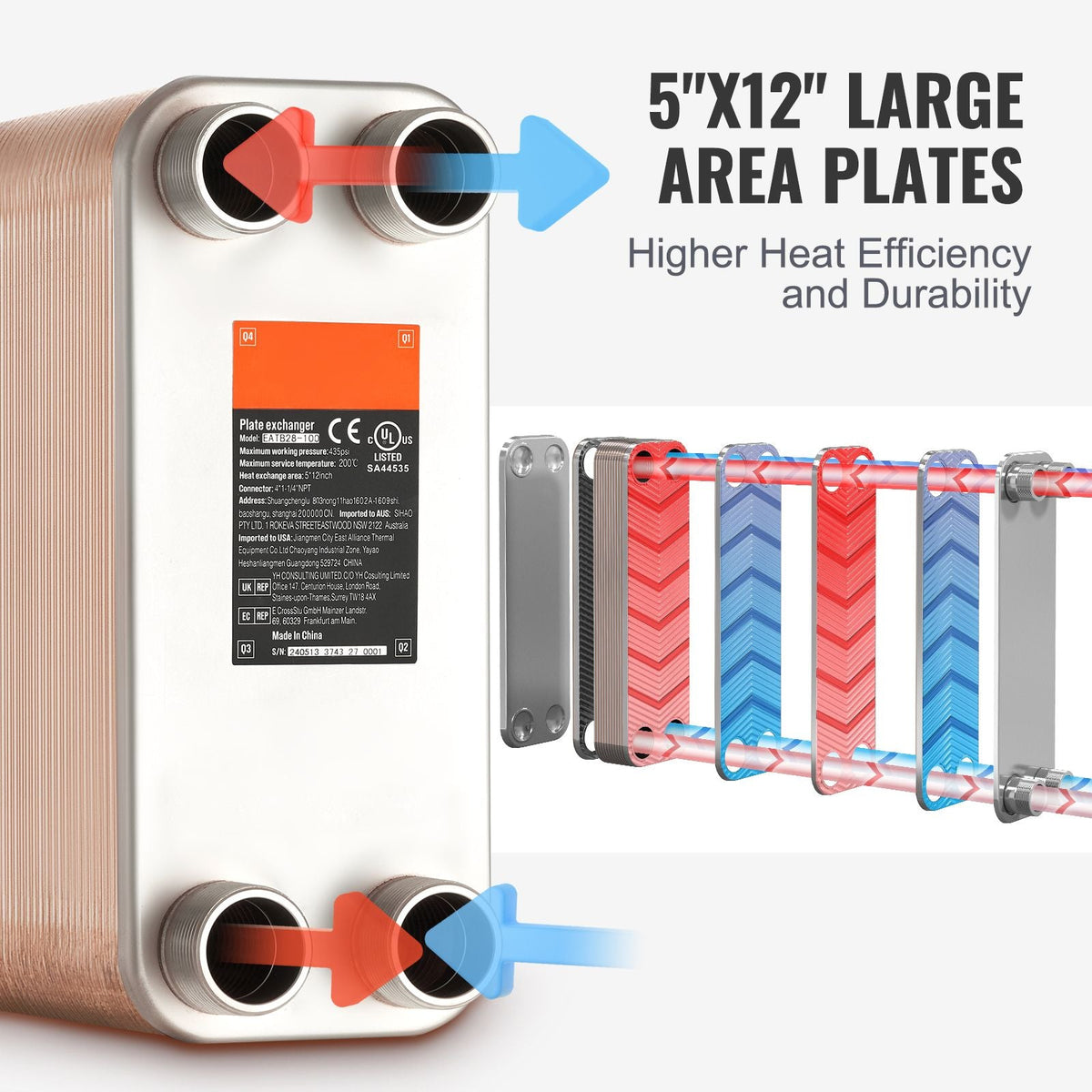 Heat Exchanger, 5"x 12" 100 Plates Brazed Plate Heat Exchanger, Copper/316L Stainless Steel Water To Water Heat Exchanger For Floor Heating, Water Heating, Snow Melting, Beer Cooling