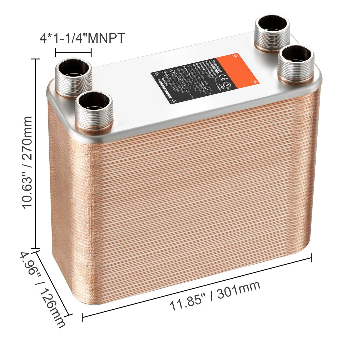 Heat Exchanger, 5"x 12" 100 Plates Brazed Plate Heat Exchanger, Copper/316L Stainless Steel Water To Water Heat Exchanger For Floor Heating, Water Heating, Snow Melting, Beer Cooling