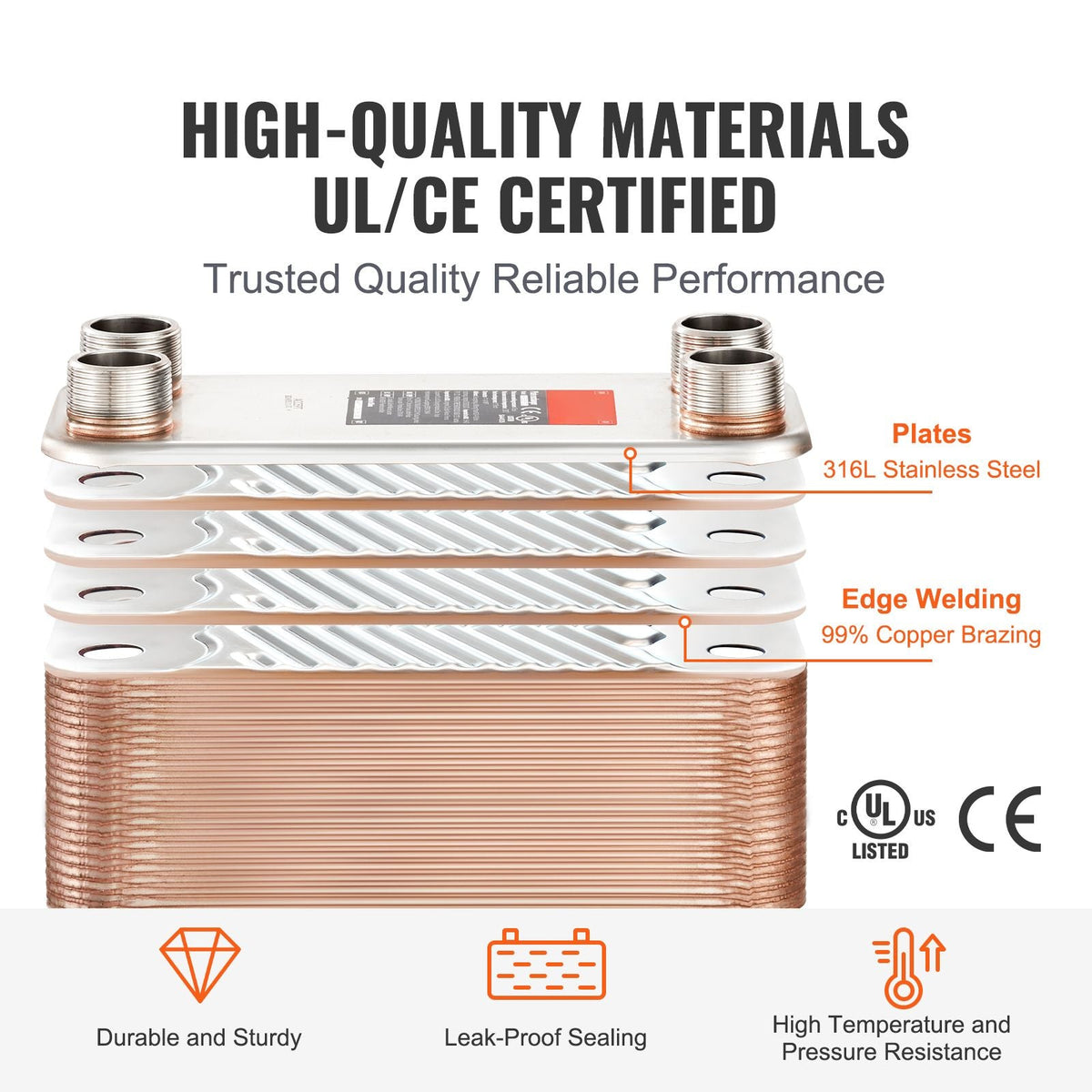 Heat Exchanger, 5"x 12" 100 Plates Brazed Plate Heat Exchanger, Copper/316L Stainless Steel Water To Water Heat Exchanger For Floor Heating, Water Heating, Snow Melting, Beer Cooling