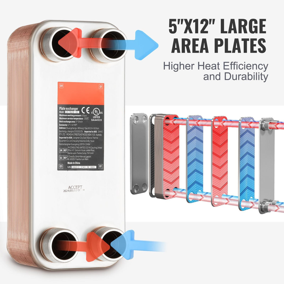 Heat Exchanger, 5"x 12" 30 Plates Brazed Plate Heat Exchanger, Copper/316L Stainless Steel Water To Water Heat Exchanger For Floor Heating, Water Heating, Snow Melting, Beer Cooling