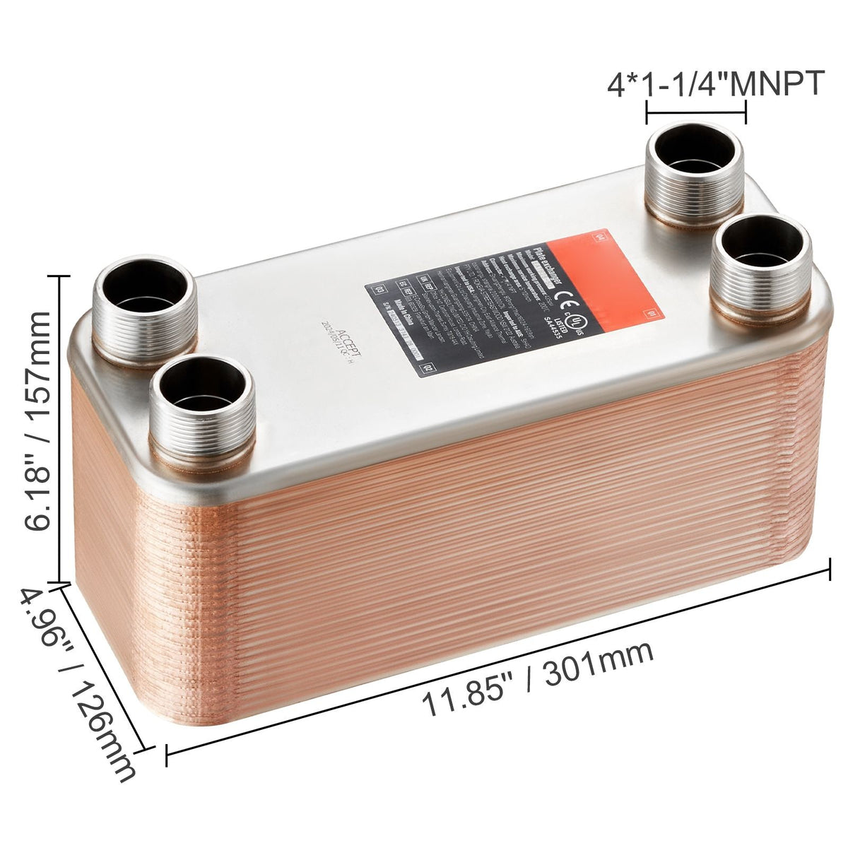 Heat Exchanger, 5"x 12" 50 Plates Brazed Plate Heat Exchanger, Copper/316L Stainless Steel Water To Water Heat Exchanger For Floor Heating, Water Heating, Snow Melting, Beer Cooling