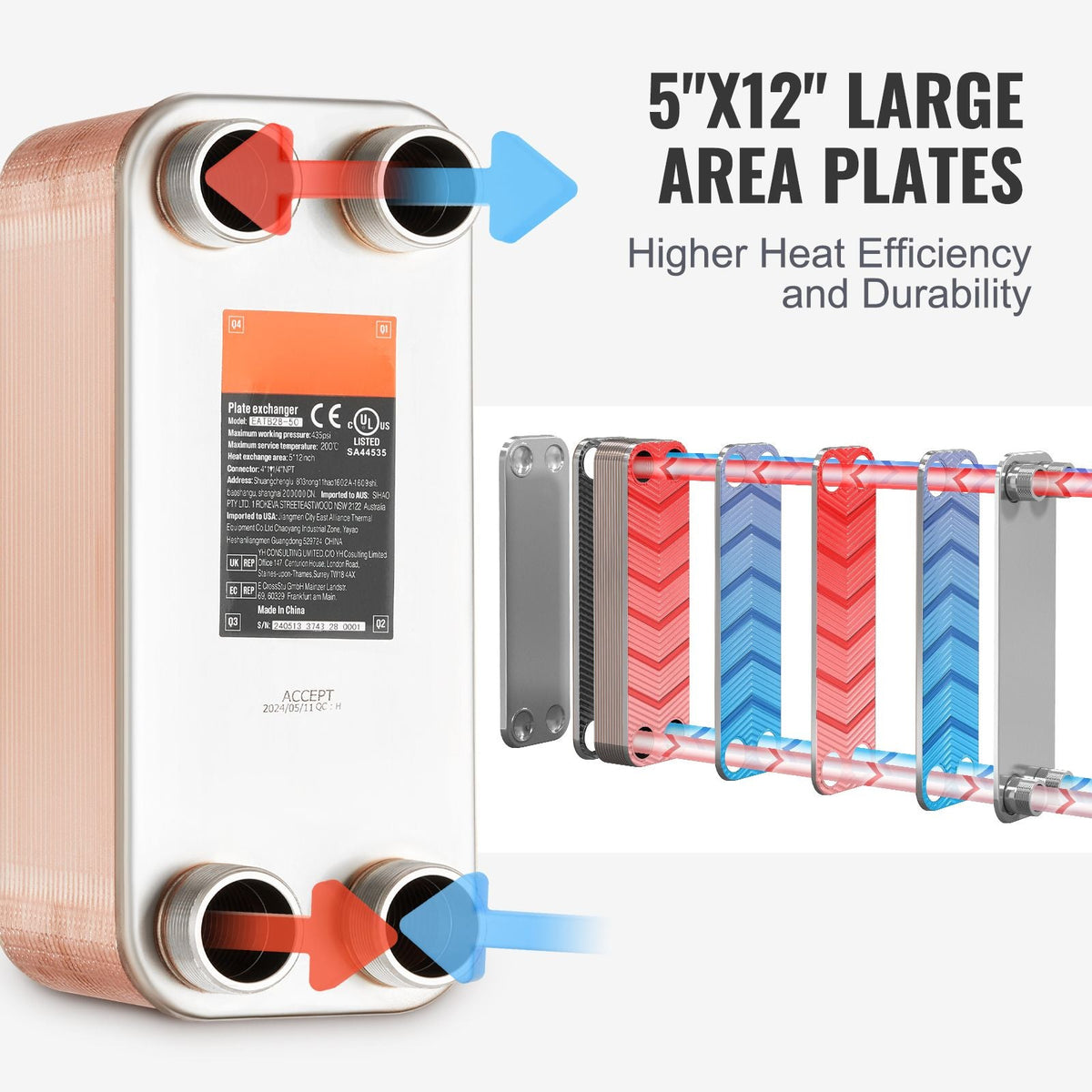 Heat Exchanger, 5"x 12" 50 Plates Brazed Plate Heat Exchanger, Copper/316L Stainless Steel Water To Water Heat Exchanger For Floor Heating, Water Heating, Snow Melting, Beer Cooling