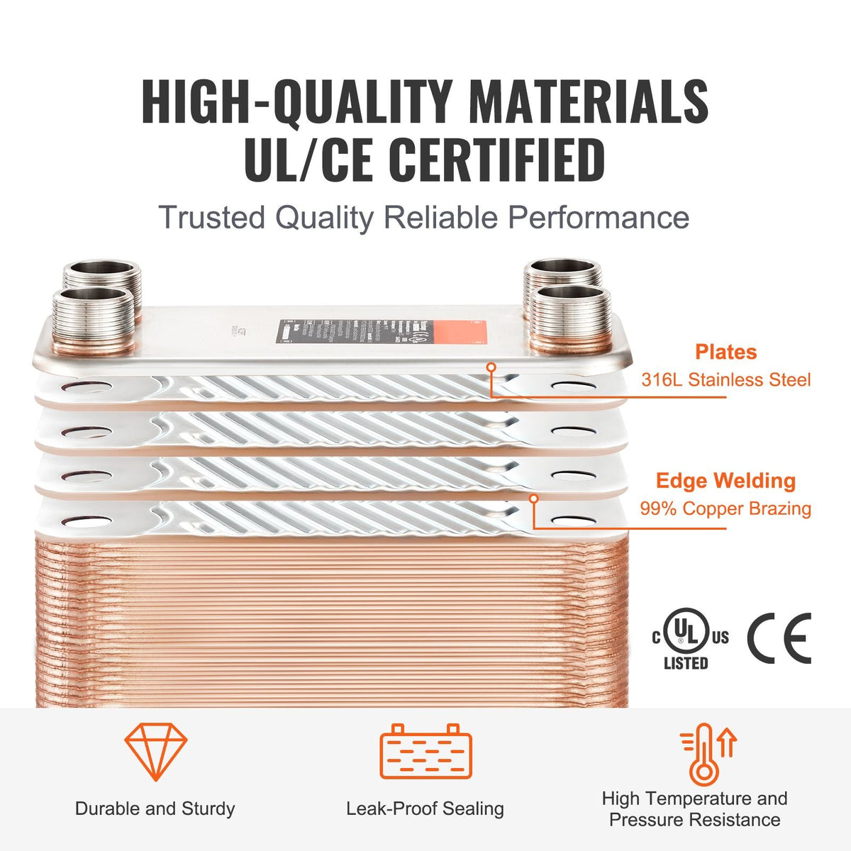 Heat Exchanger, 5"x 12" 50 Plates Brazed Plate Heat Exchanger, Copper/316L Stainless Steel Water To Water Heat Exchanger For Floor Heating, Water Heating, Snow Melting, Beer Cooling