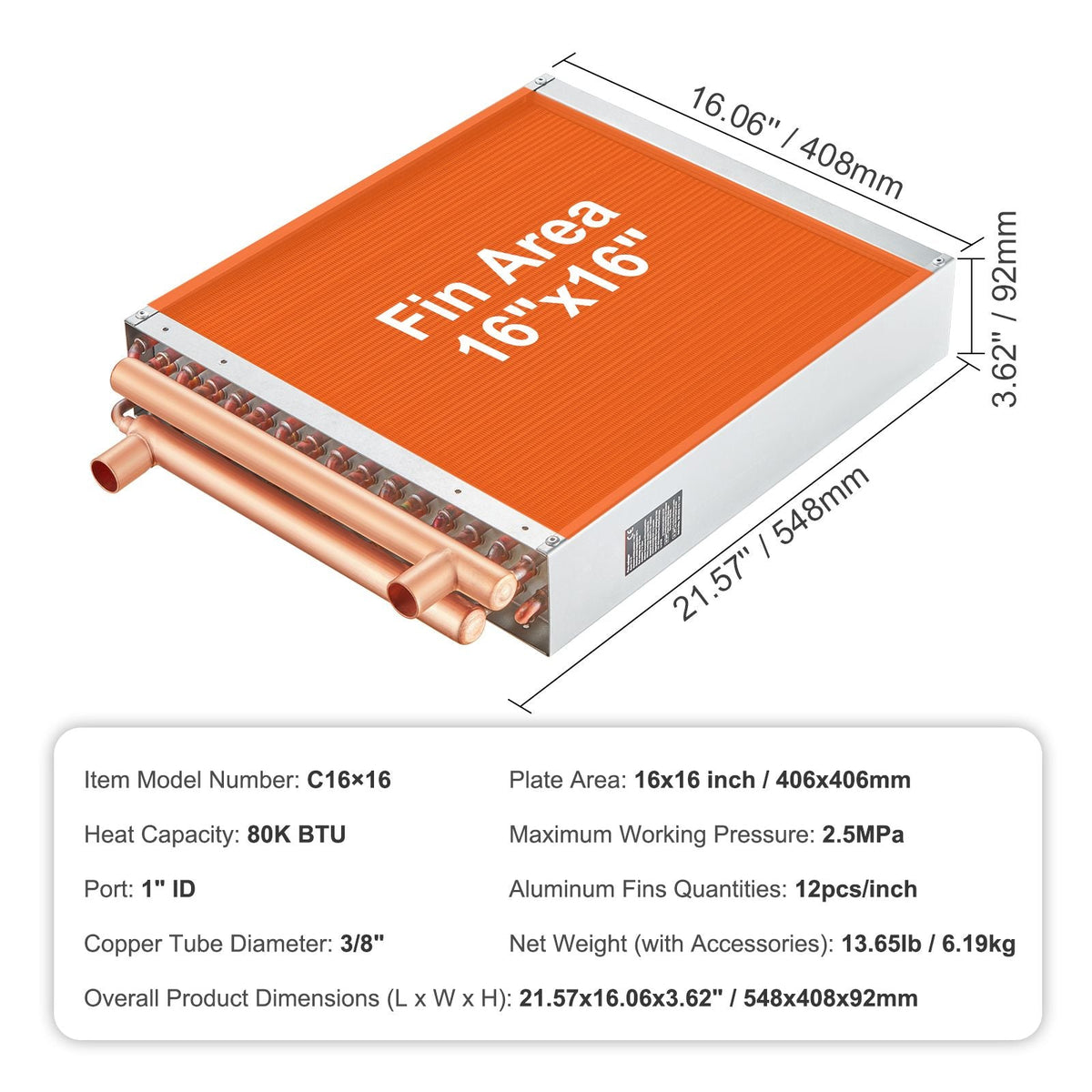Heat Exchanger Water to Air, 16"x 16" with 3-Row 3/8" Copper Ports, 193 Aluminum Fins Heat Exchanger for Outdoor Wood Furnaces, Residential Heating and Cooling, and Forced Air Heating