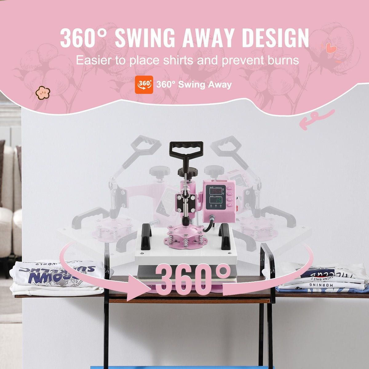 Heat Press, 12 x 10inch Heat Press Machine, 360° Swing Away T-Shirt Pressing Machine, Fast and Even Heating, Digital Precise Control, Heat Transfer Machine for T-Shirts/Pillows/Bags, Pink