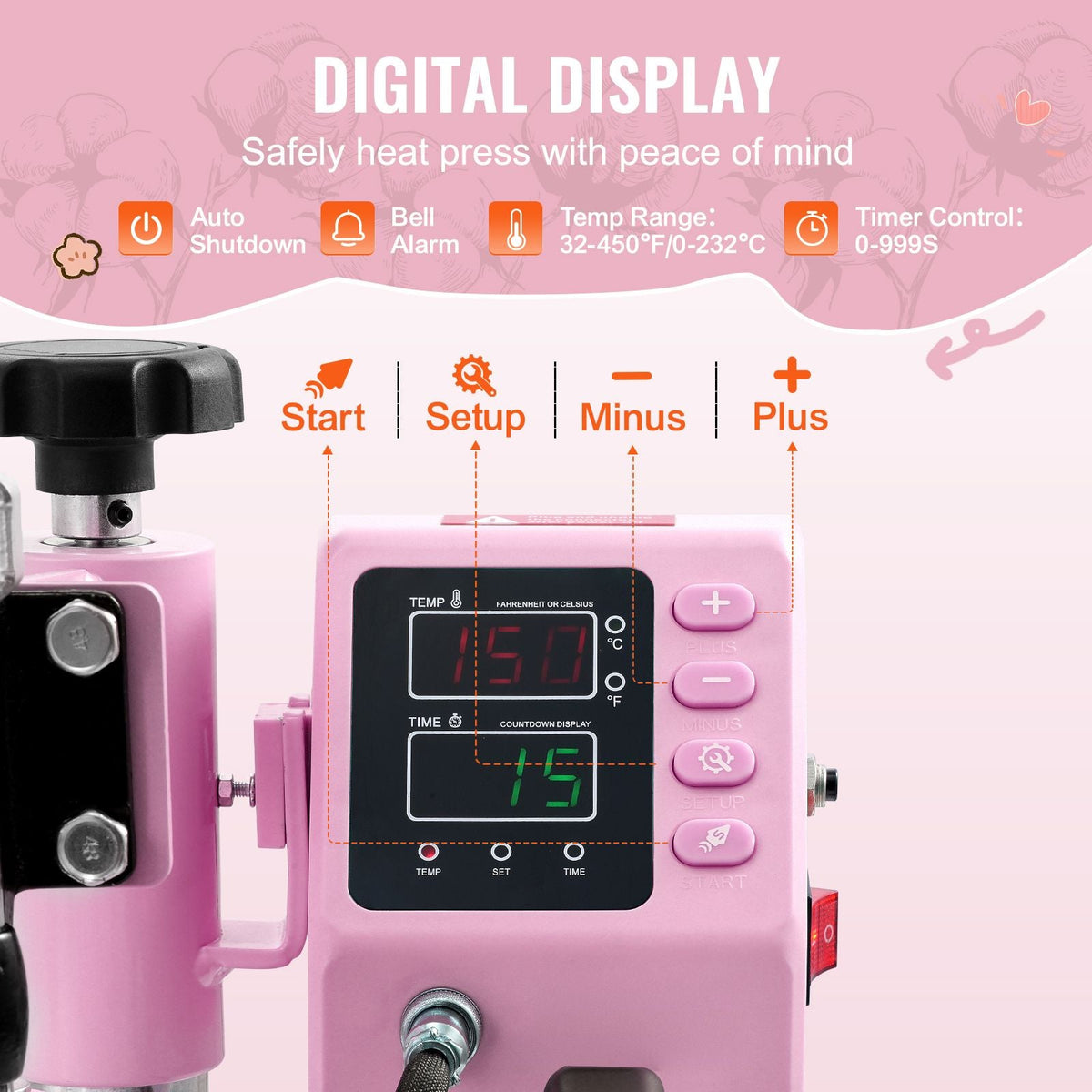 Heat Press, 12 x 10inch Heat Press Machine, 360° Swing Away T-Shirt Pressing Machine, Fast and Even Heating, Digital Precise Control, Heat Transfer Machine for T-Shirts/Pillows/Bags, Pink