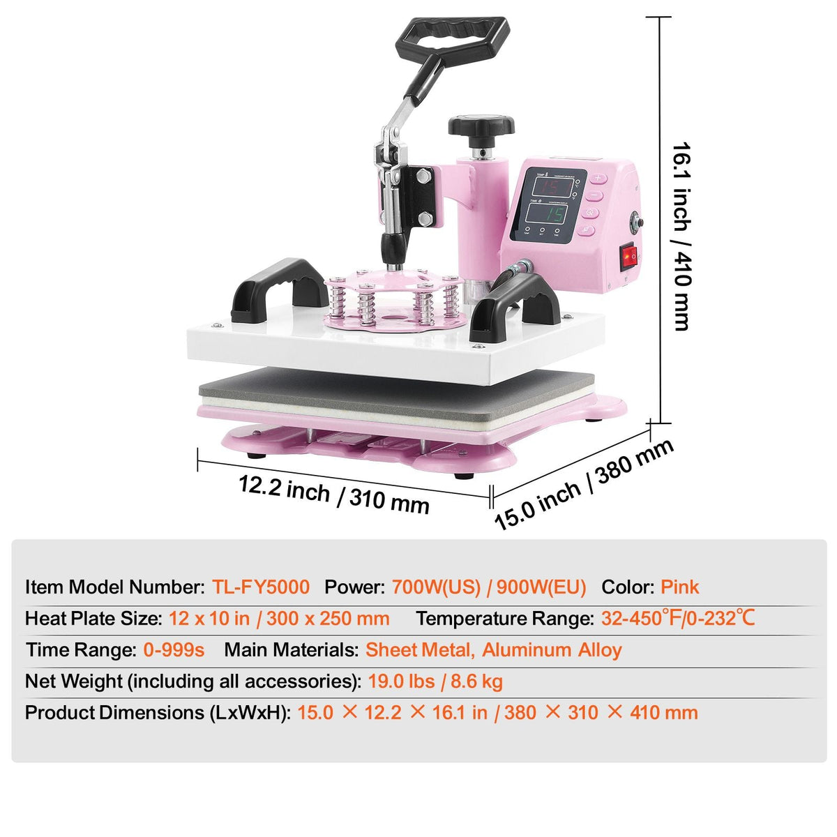 Heat Press, 12 x 10inch Heat Press Machine, 360° Swing Away T-Shirt Pressing Machine, Fast and Even Heating, Digital Precise Control, Heat Transfer Machine for T-Shirts/Pillows/Bags, Pink