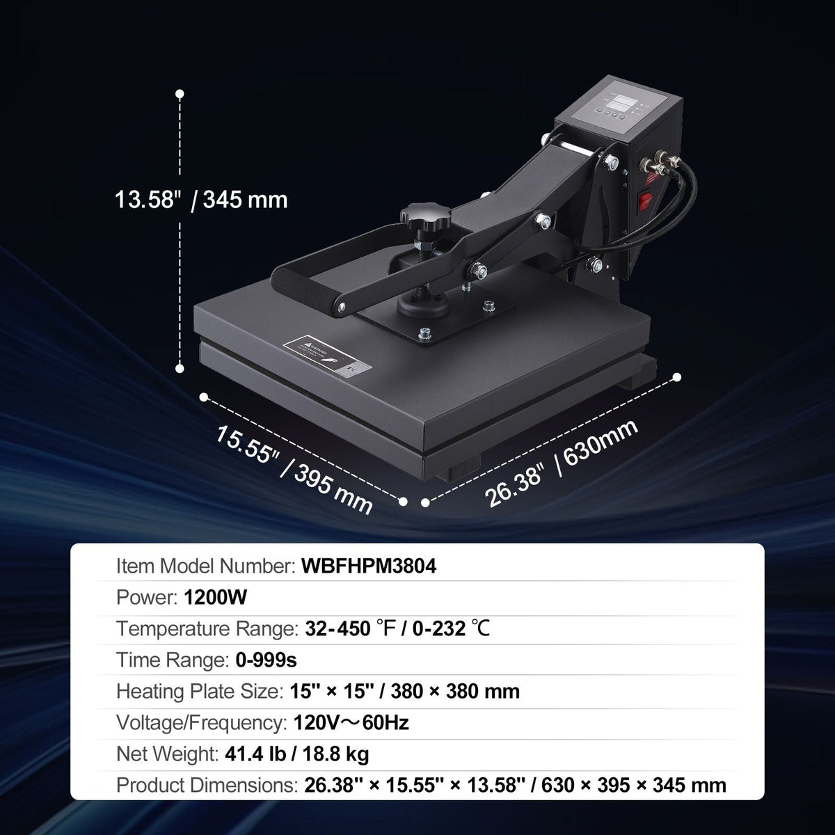 Heat Press 15 x 15 - Heat Press Machine for T-shirts, Fast Heating, High Pressure for Digital Industrial-Quality Sublimation Printer for Heat Transfer Vinyl, 15" x 15", Black