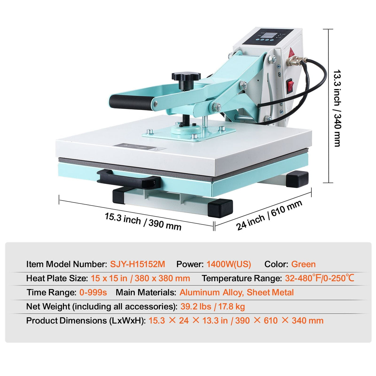 Heat Press, 15 x 15 inch Digital Heat Press Machine, Slide Out Heat Transfer Machine, Fast and Even Heating, 2-Layer Insulation Cotton, Heat Transfer Machine for T-Shirts/Pillows/Bags, Green