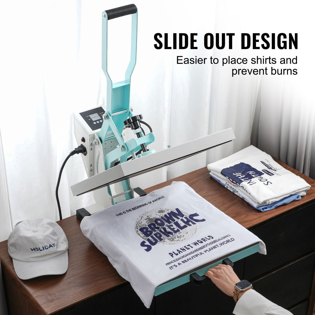 Heat Press, 15 x 15 inch Digital Heat Press Machine, Slide Out Heat Transfer Machine, Fast and Even Heating, 2-Layer Insulation Cotton, Heat Transfer Machine for T-Shirts/Pillows/Bags, Green