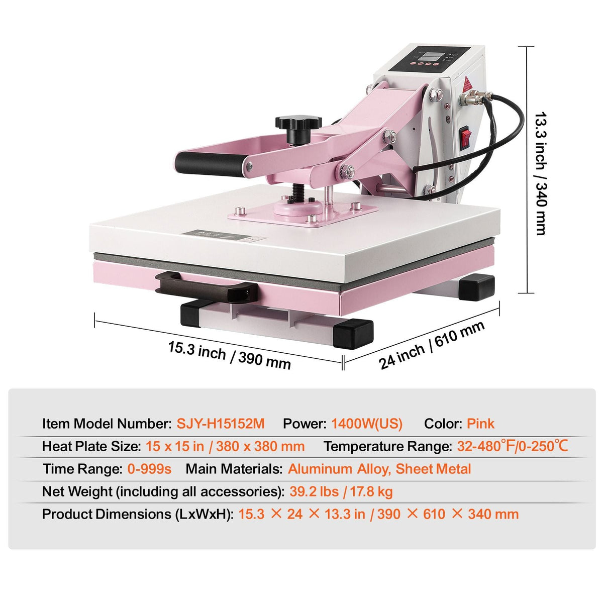 Heat Press, 15 x 15 inch Digital Heat Press Machine, Slide Out Heat Transfer Machine, Fast and Even Heating, 2-Layer Insulation Cotton, Heat Transfer Machine for T-Shirts/Pillows/Bags, Pink