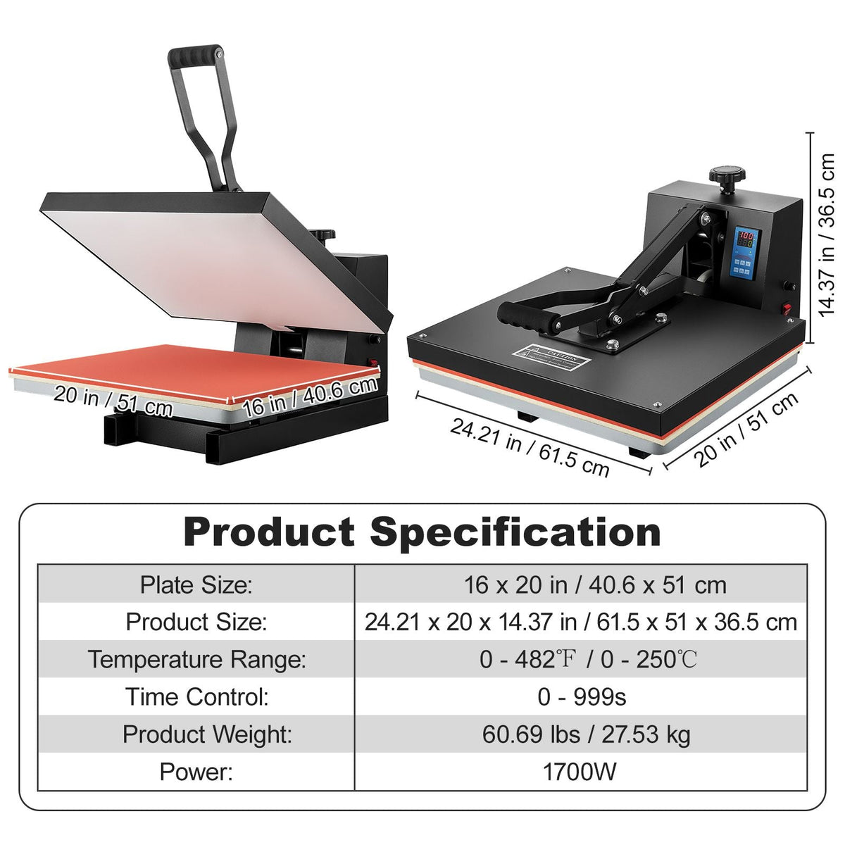 Heat Press 16x20, 1700W Power Heat Press Machine, Fast Heating, High Pressure Heat Press Machine for T-Shirt, Digital Industrial Sublimation Printer for Heat Transfer Vinyl, Easy to Use, Black