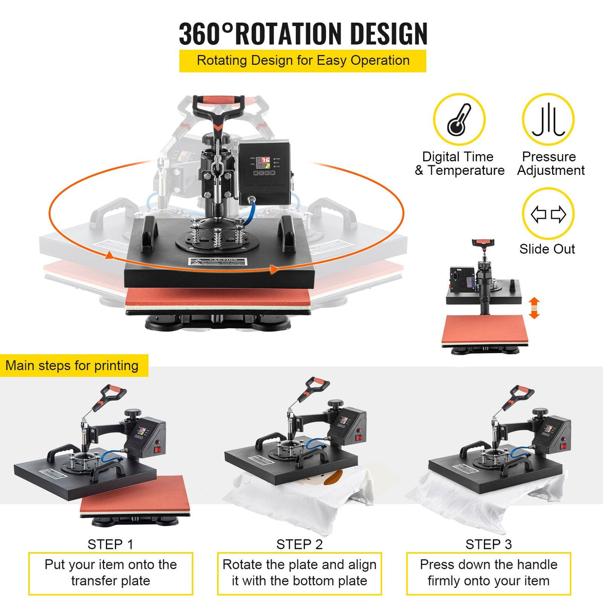 Heat Press, 5 in 1 15 x 15 Inch Heat Press Machine, Dual LED Display Heat Press Machine, Multifunctional Sublimation, for T-Shirts, Swing Away Design