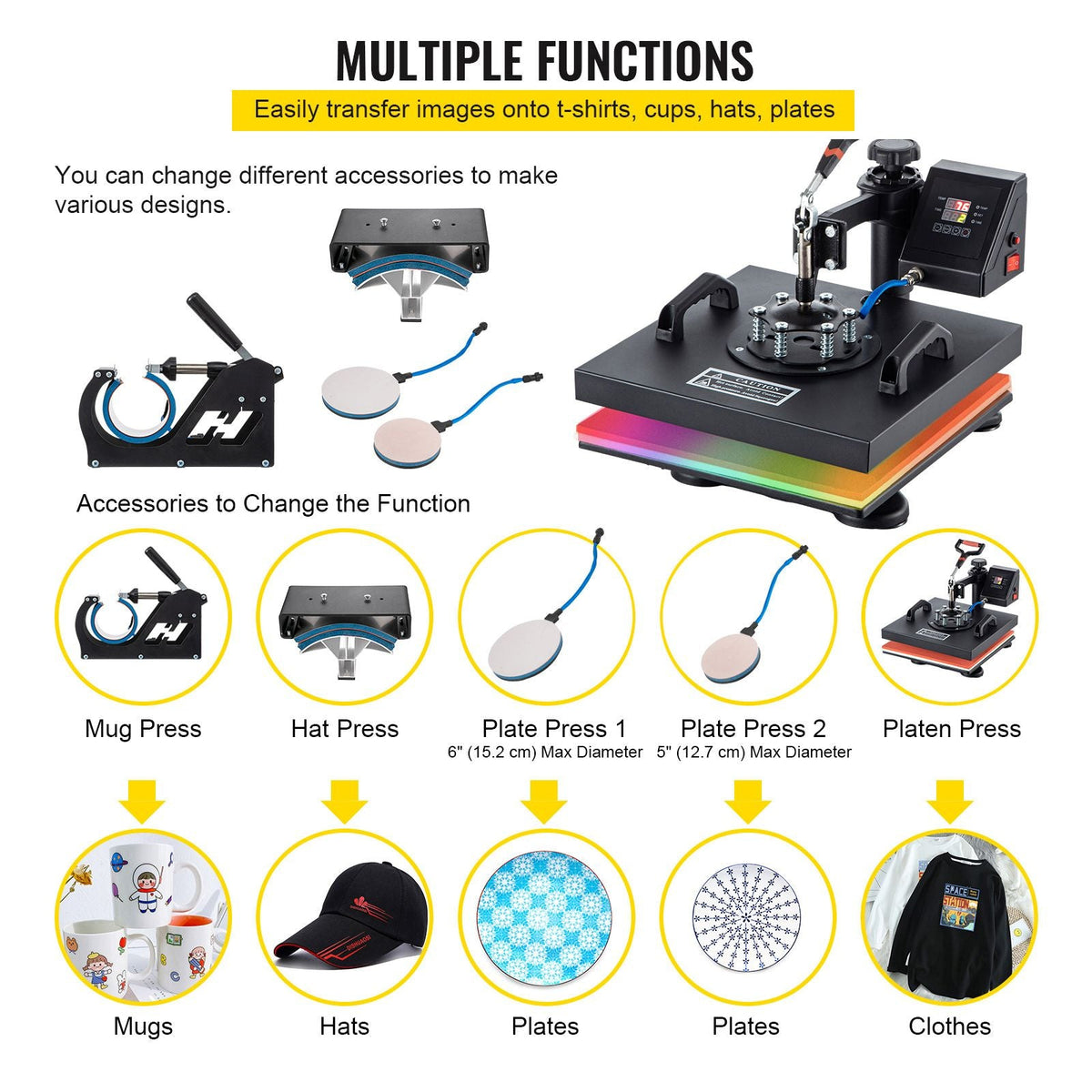 Heat Press, 5 in 1 15 x 15 Inch Heat Press Machine, Dual LED Display Heat Press Machine, Multifunctional Sublimation, for T-Shirts, Swing Away Design