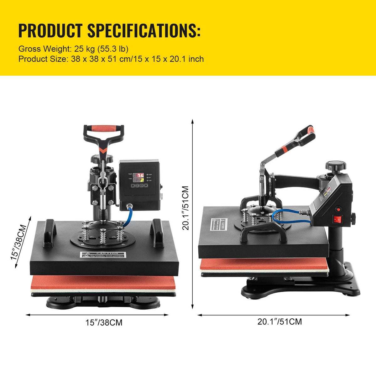 Heat Press, 5 in 1 15 x 15 Inch Heat Press Machine, Dual LED Display Heat Press Machine, Multifunctional Sublimation, for T-Shirts, Swing Away Design