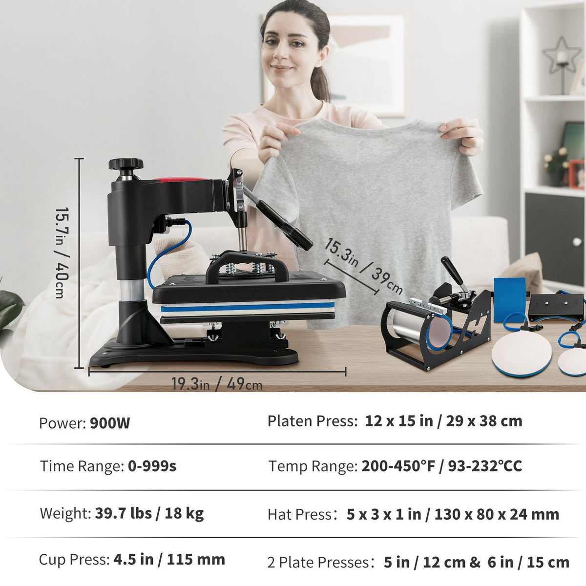 Heat Press, 5 in 1 Heat Press 12x15 Machine Machine, Digital Precise Temperature Control, Clamshell Sublimation Transfer Printer Fast Heat-up, Vinyl Heat Press for Mug Cup T-Shirt Plate, 900W
