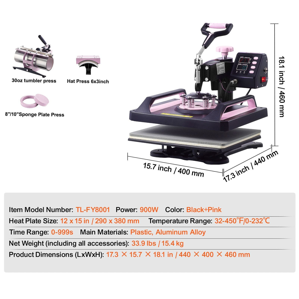 Heat Press Machine, 12 x 15 inch, 5 in 1 Heat Transfer Machine with 30 oz Tumbler Press, 360° Swing Away Digital T-Shirt Pressing, Teflon Coating, for T-Shirts/Mugs/Hats/Plates, Black+Pink