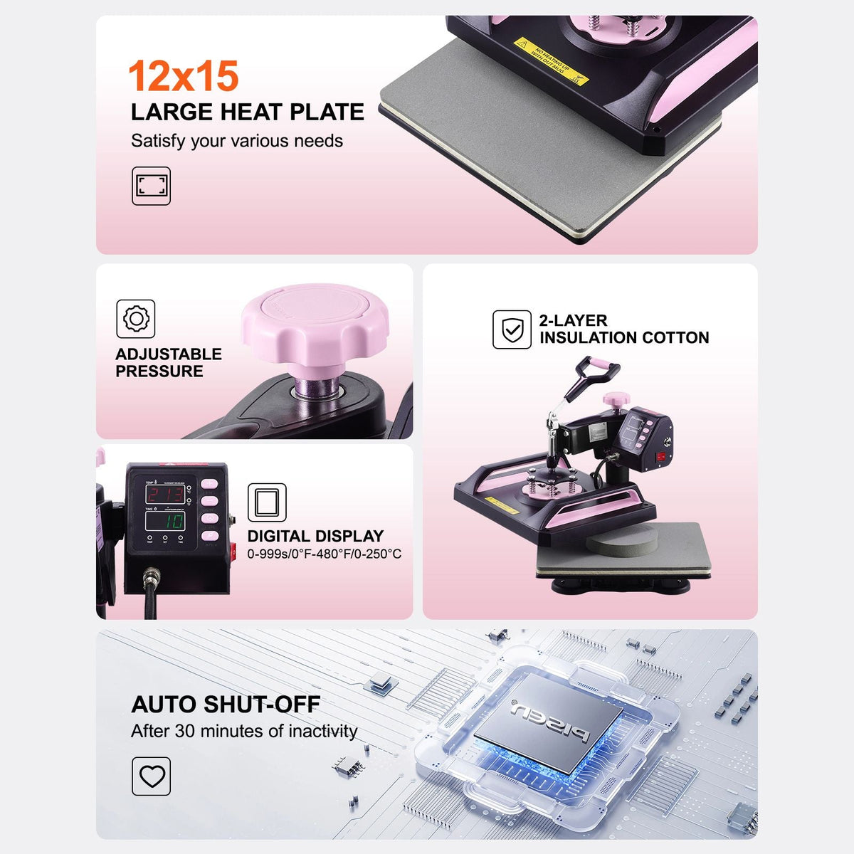 Heat Press Machine, 12 x 15 inch, 5 in 1 Heat Transfer Machine with 30 oz Tumbler Press, 360° Swing Away Digital T-Shirt Pressing, Teflon Coating, for T-Shirts/Mugs/Hats/Plates, Black+Pink